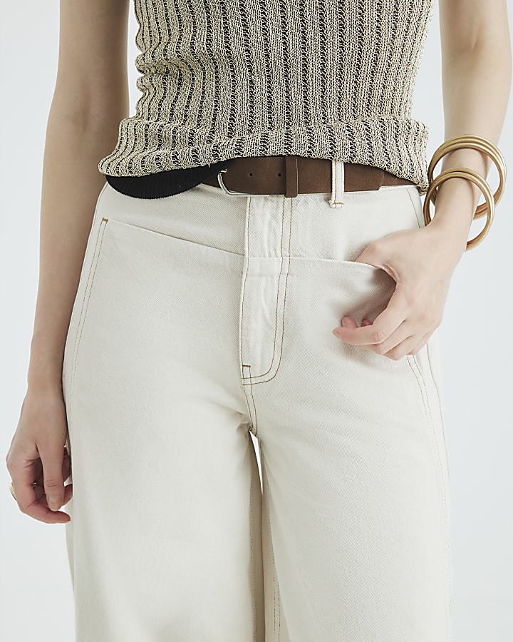 Cream Belted Pocket Balloon Jeans