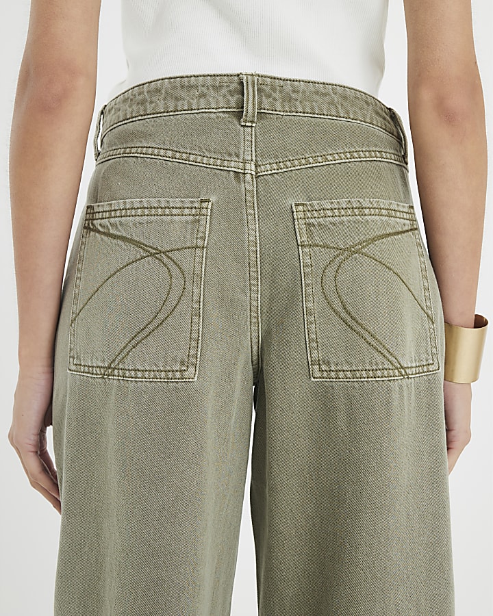 Khaki High Rise Pocket Front Barrel Jeans