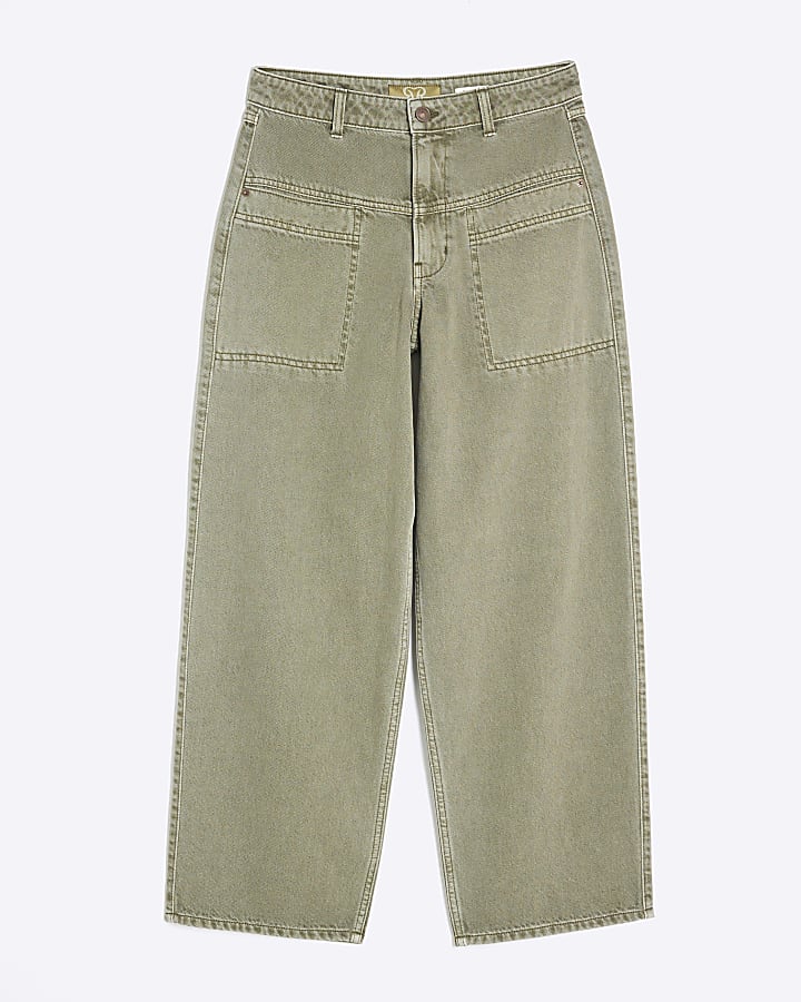 Khaki High Rise Pocket Front Barrel Jeans