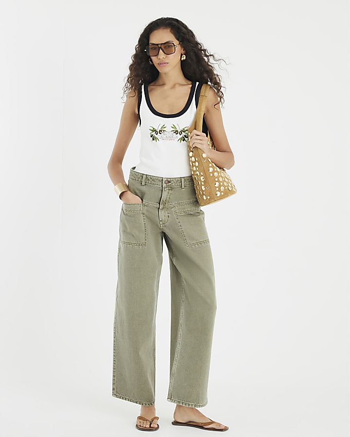 Khaki High Rise Pocket Front Barrel Jeans