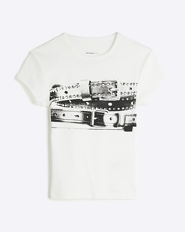 White Short Sleeve Belt Print Baby T-shirt