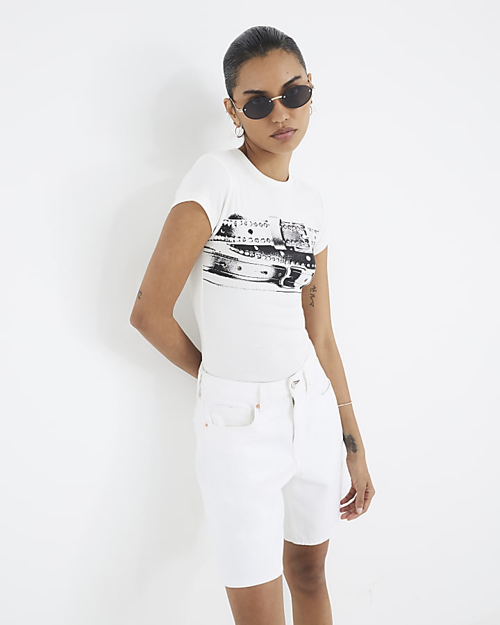 White Short Sleeve Belt Print Baby T-shirt