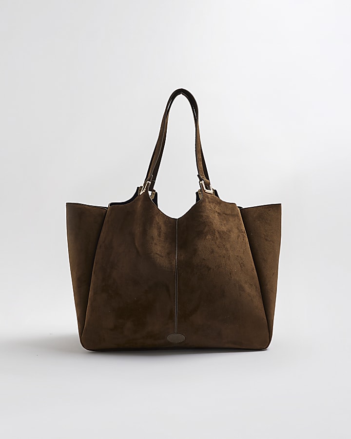 Khaki Faux Suede Winged Shopper Bag