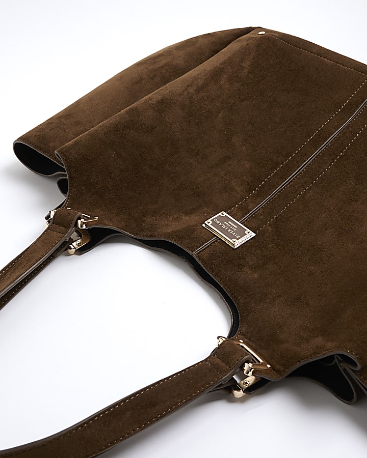 Khaki Faux Suede Winged Shopper Bag