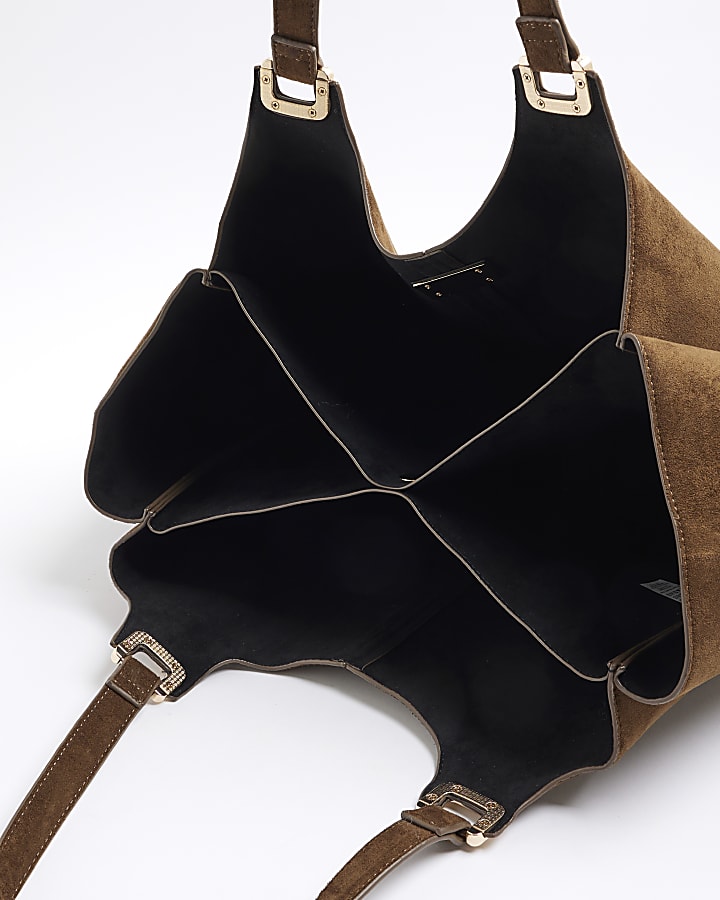 Khaki Faux Suede Winged Shopper Bag