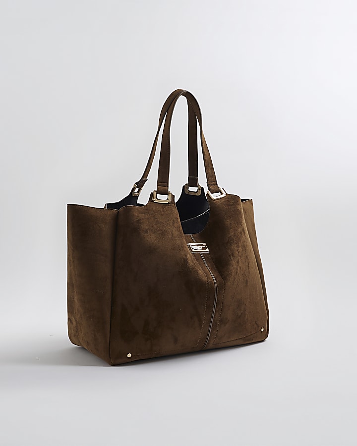 Khaki Faux Suede Winged Shopper Bag