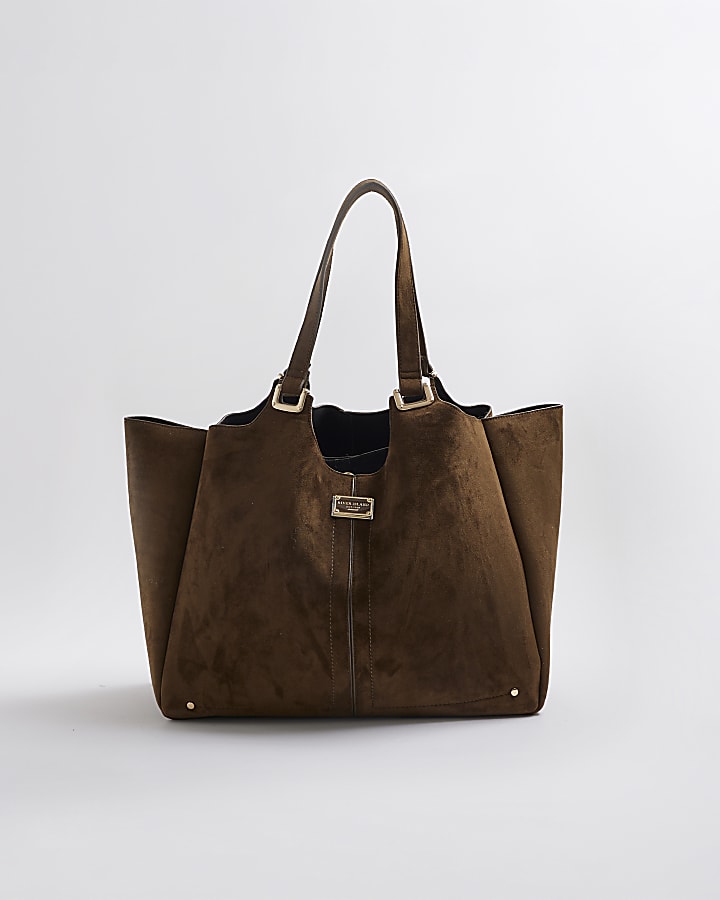 Khaki Faux Suede Winged Shopper Bag