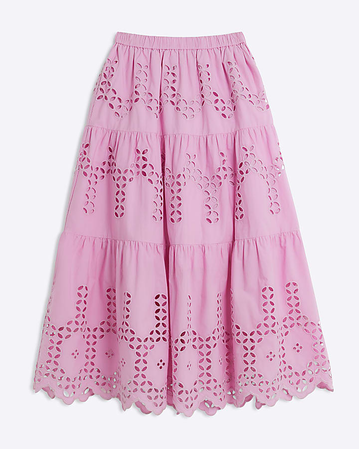 Petite Pink Maxi Embroidered Cutwork Skirt