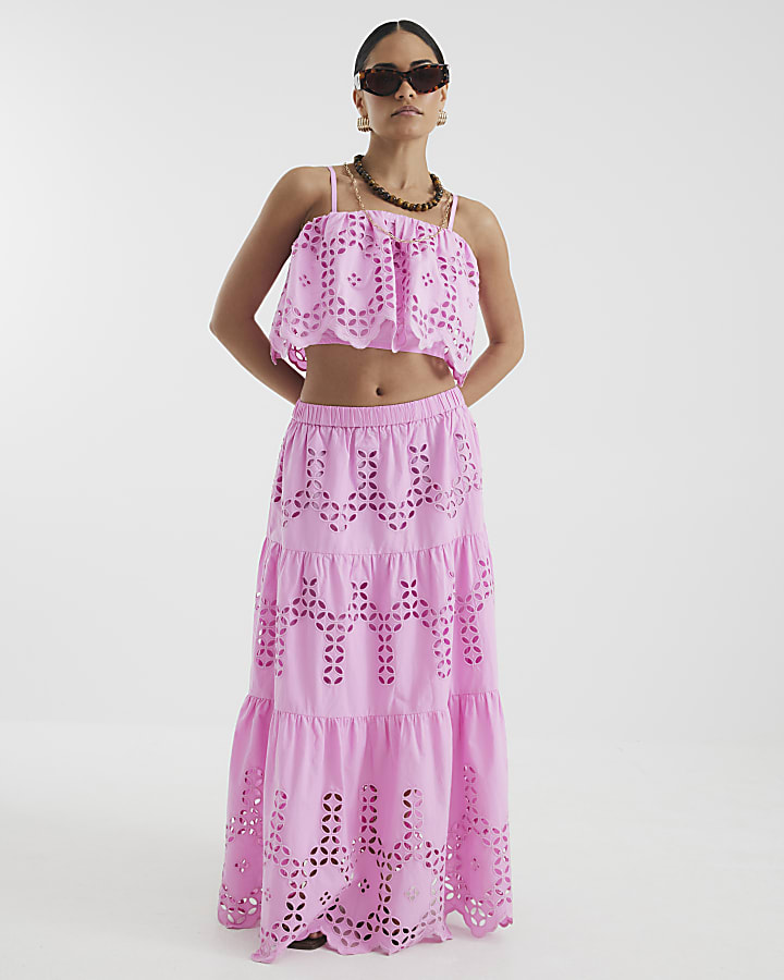 Petite Pink Maxi Embroidered Cutwork Skirt