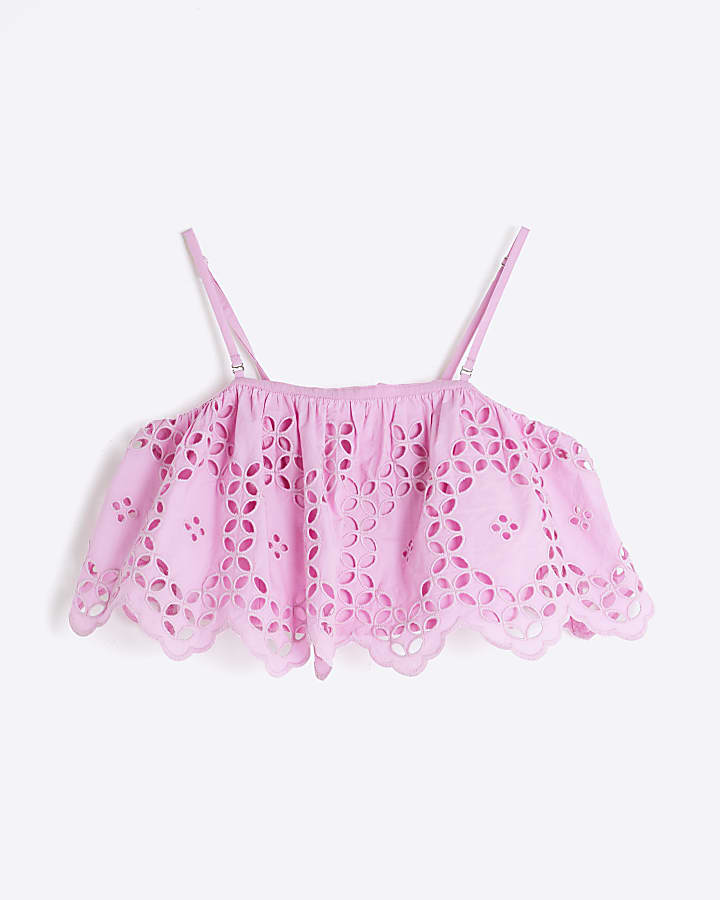 Petite Pink Cropped Broderie Cami Top