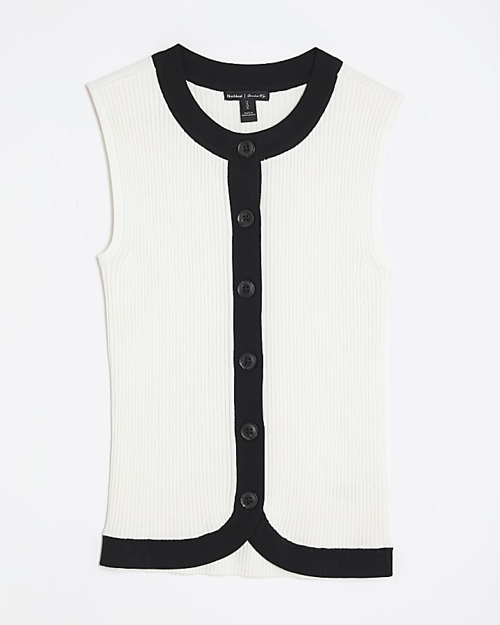 White Sleeveless Curved Hem Ribbed Top