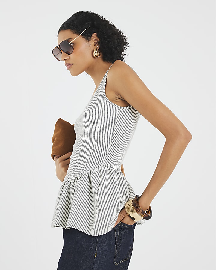 Black Sleeveless Stripe Peplum Top