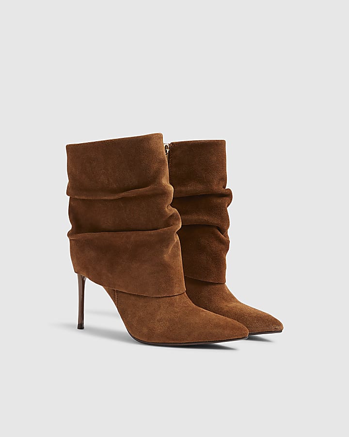 Brown Suede Fold Over Ankle Boots