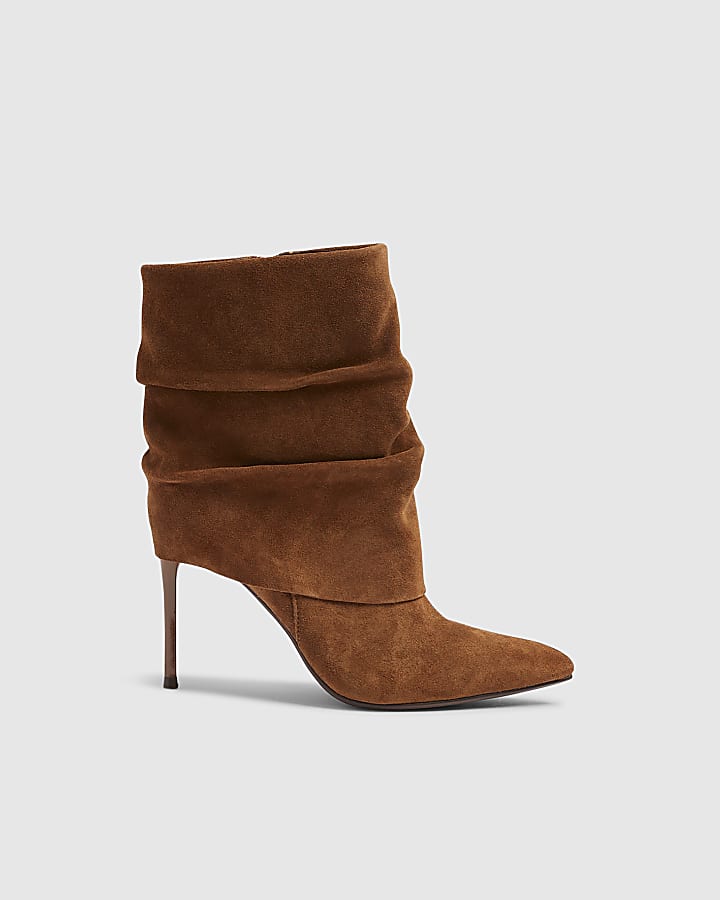 Brown Suede Fold Over Ankle Boots
