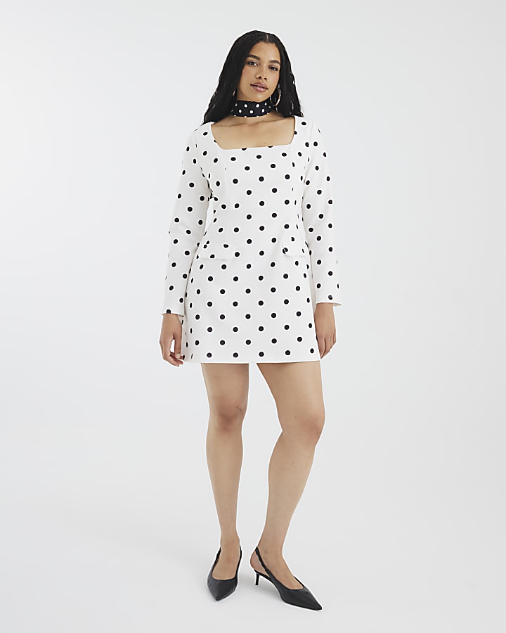 Cream Polka Dot Long Sleeve Mini Dress
