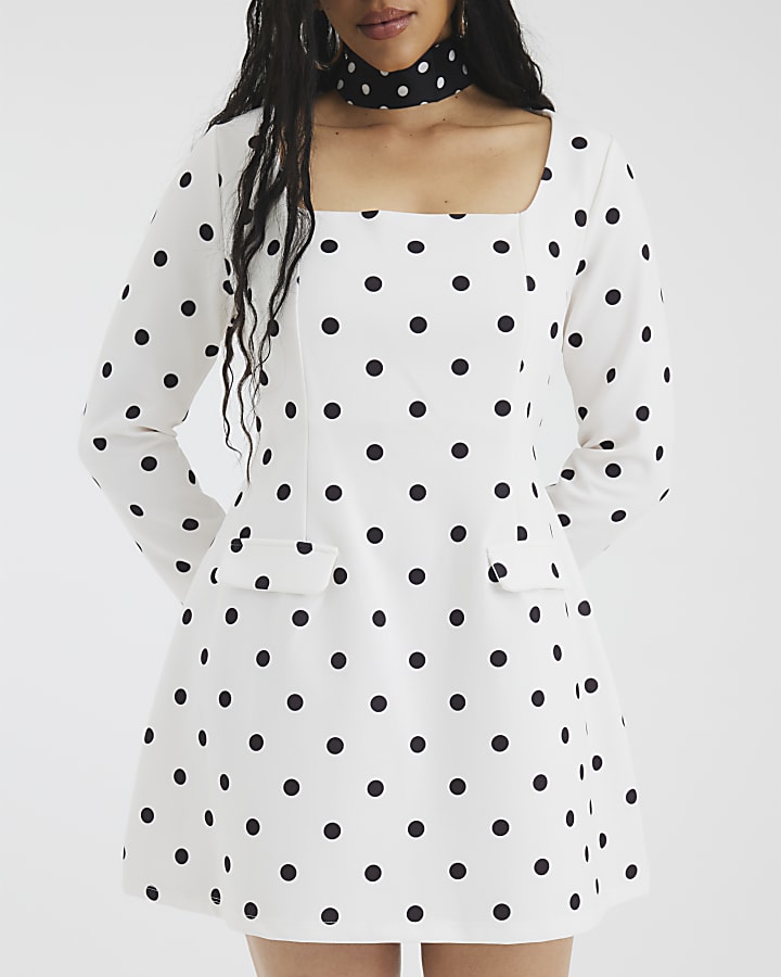 Cream Polka Dot Long Sleeve Mini Dress