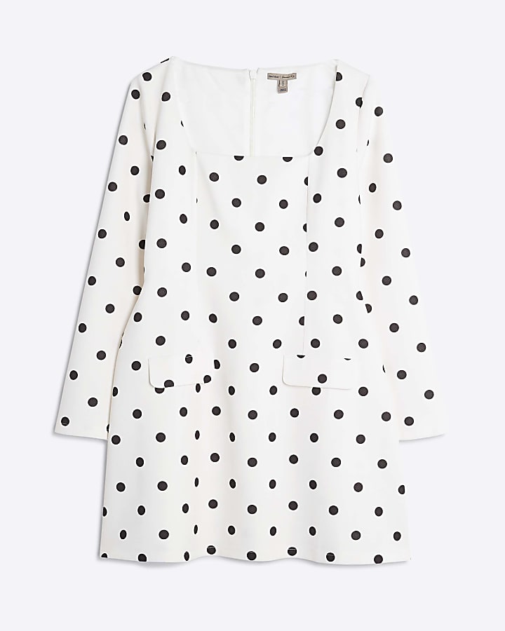 Cream Polka Dot Long Sleeve Mini Dress
