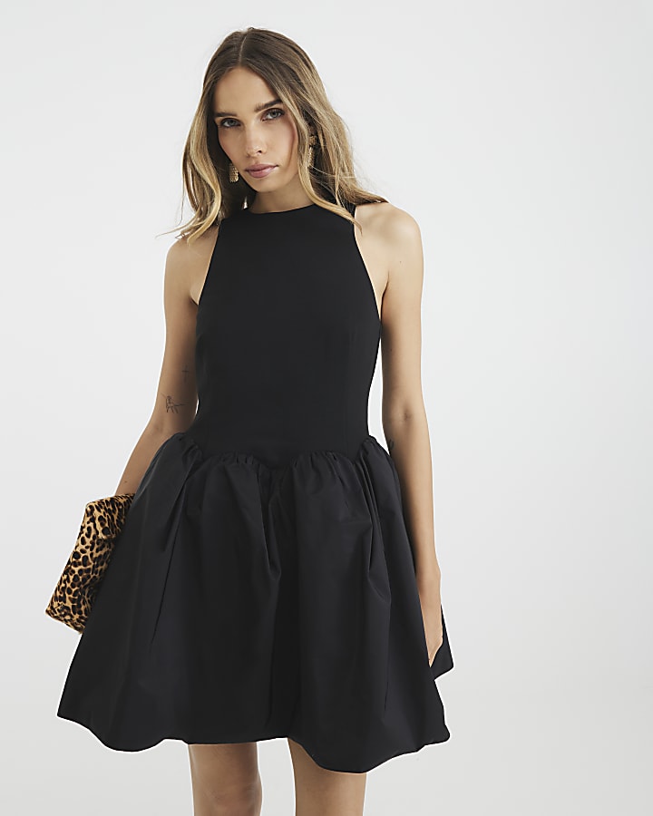 Black Sleeveless Hybrid Taffeta Mini Dress