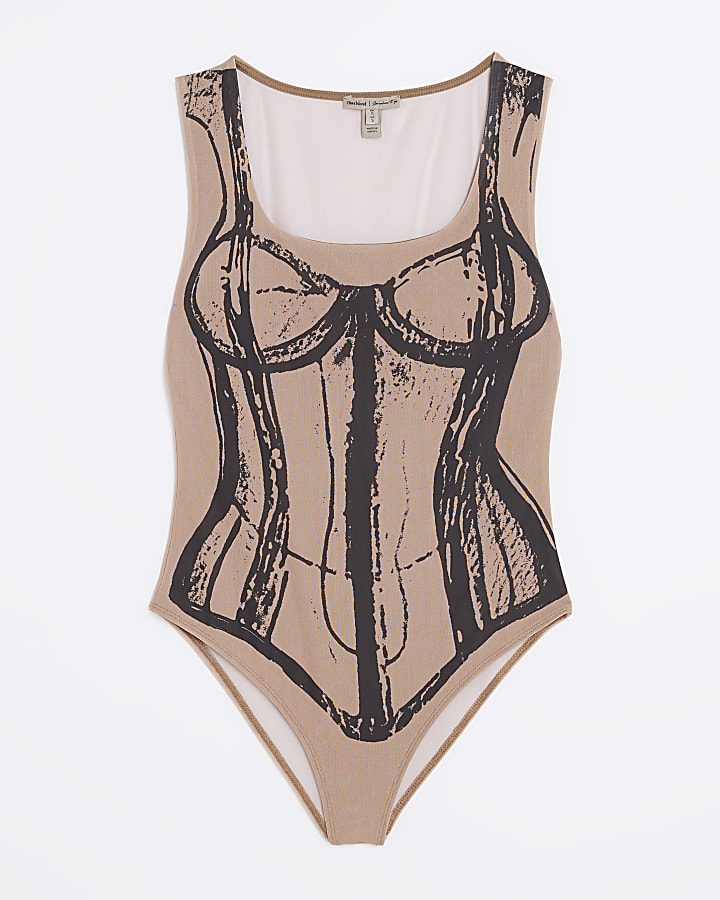 Beige Sleeveless Corset Print Mesh Bodysuit