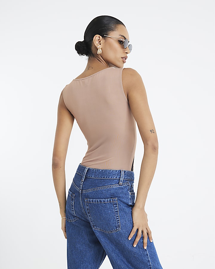 Beige Sleeveless Corset Print Mesh Bodysuit