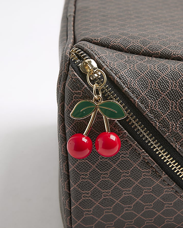 Brown Monogram Print Charm Make Up Bag