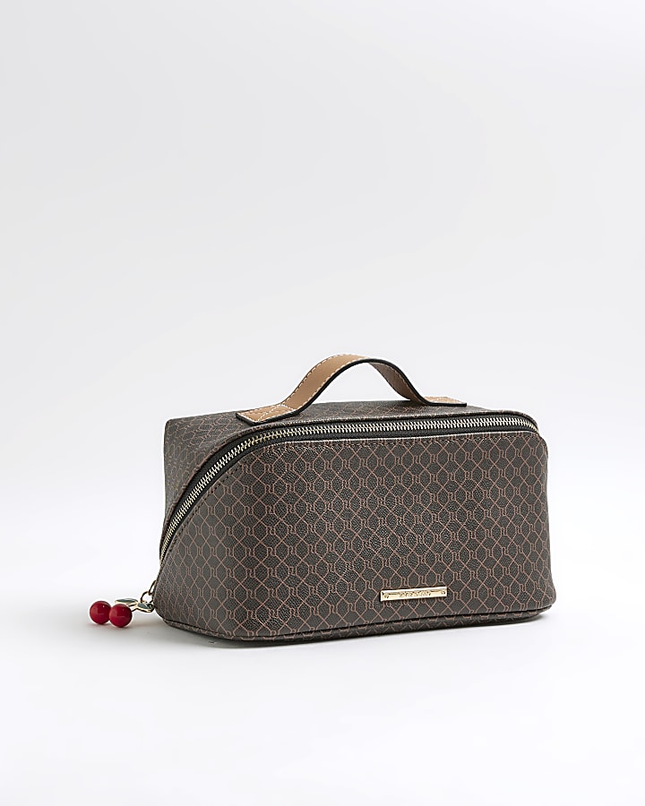 Brown Monogram Print Charm Make Up Bag