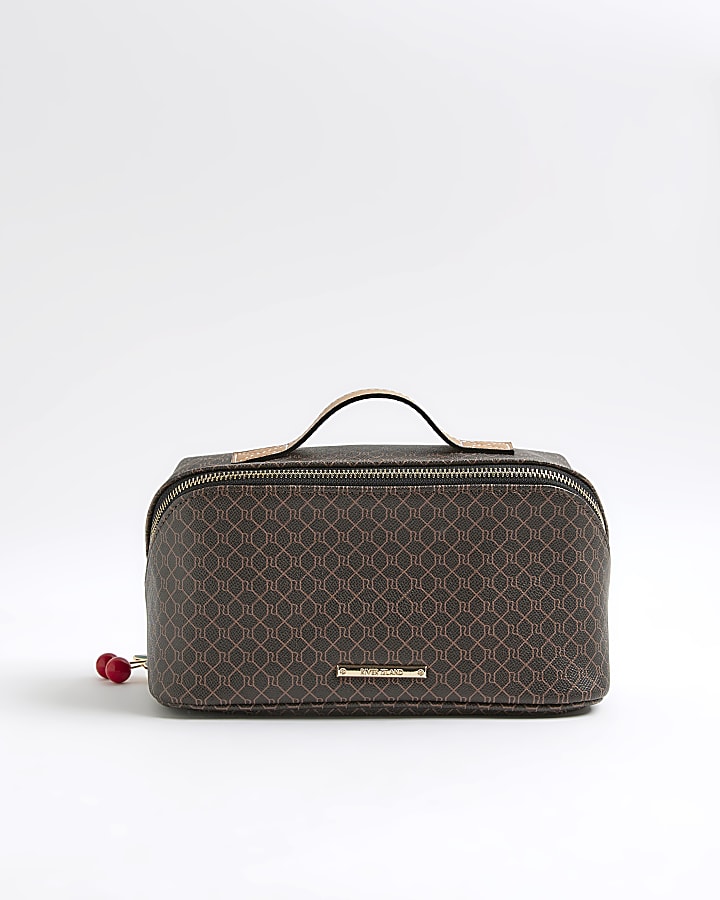 Brown Monogram Print Charm Make Up Bag