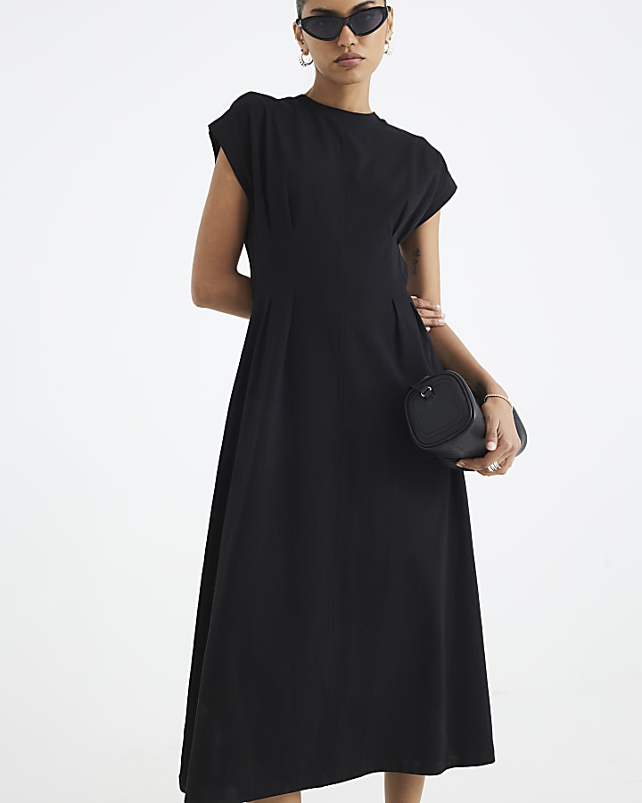 Black Grown On Sleeve Seamed Midi Dress