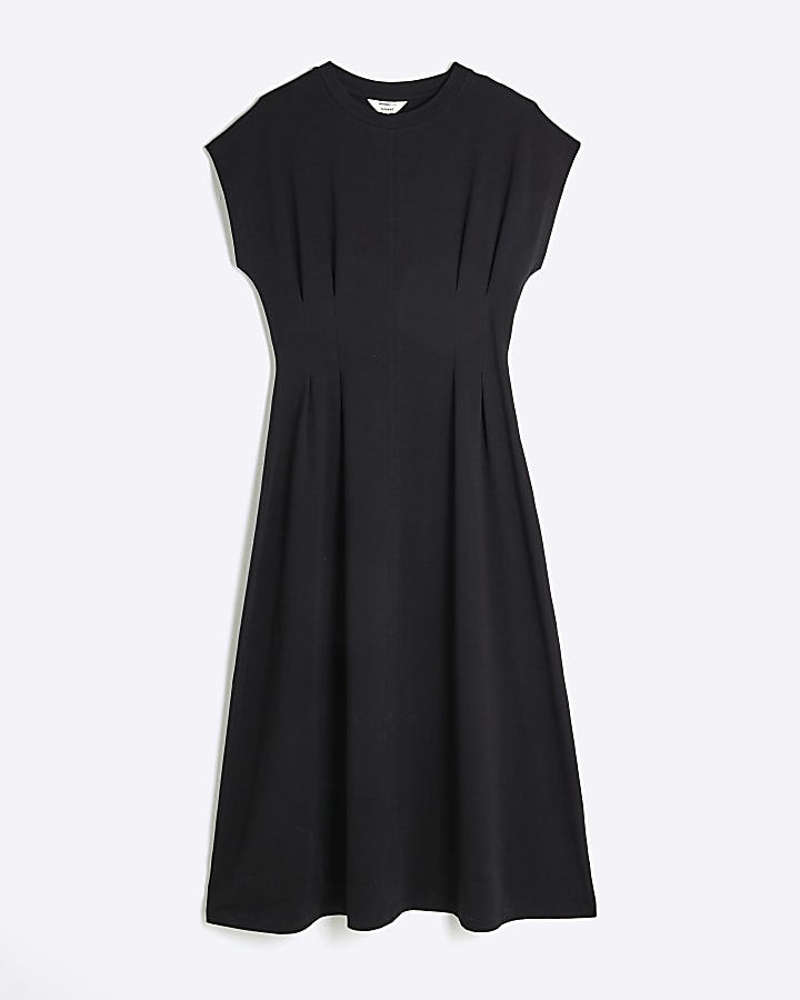Black Grown On Sleeve Seamed Midi Dress