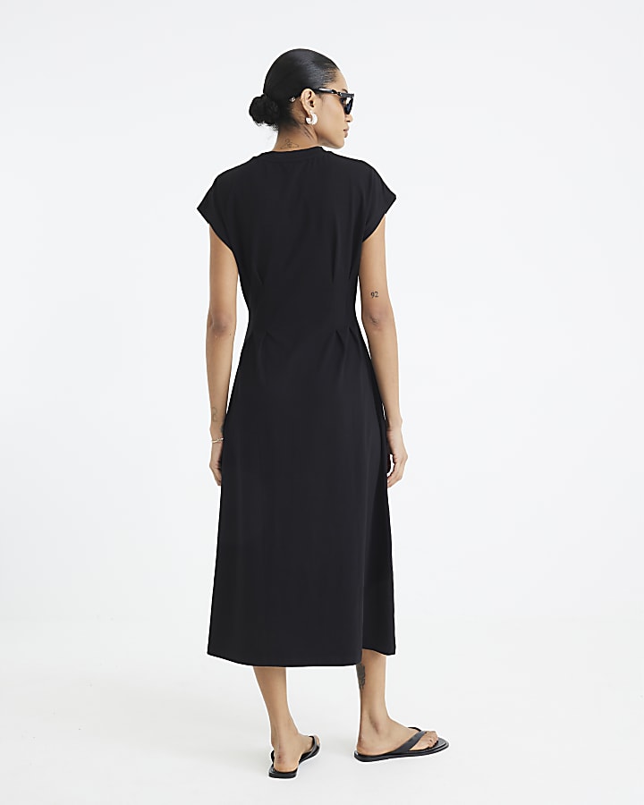 Black Grown On Sleeve Seamed Midi Dress