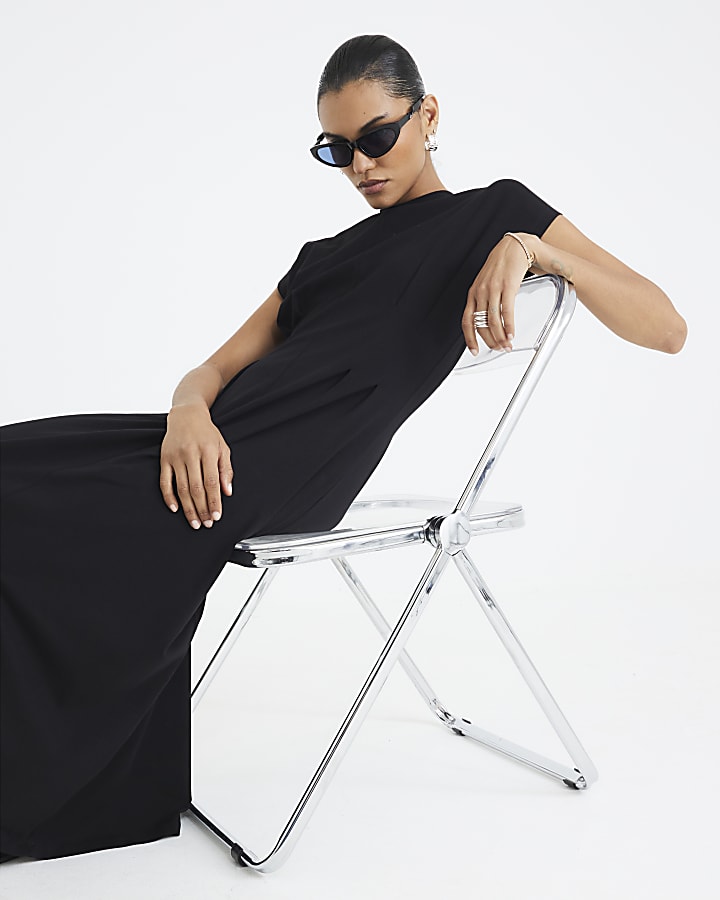 Black Grown On Sleeve Seamed Midi Dress