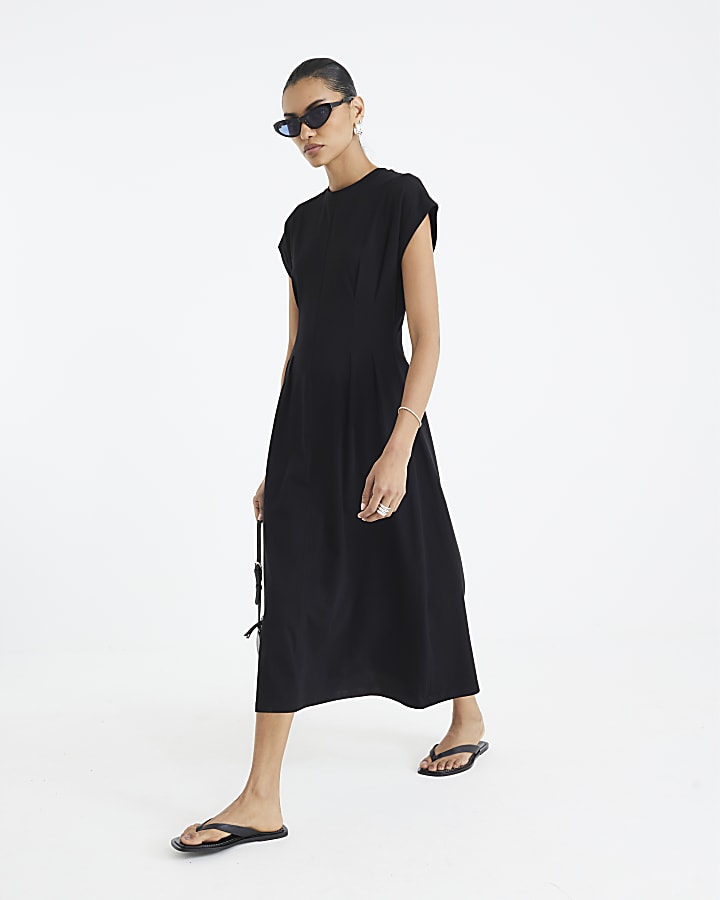 Black Grown On Sleeve Seamed Midi Dress