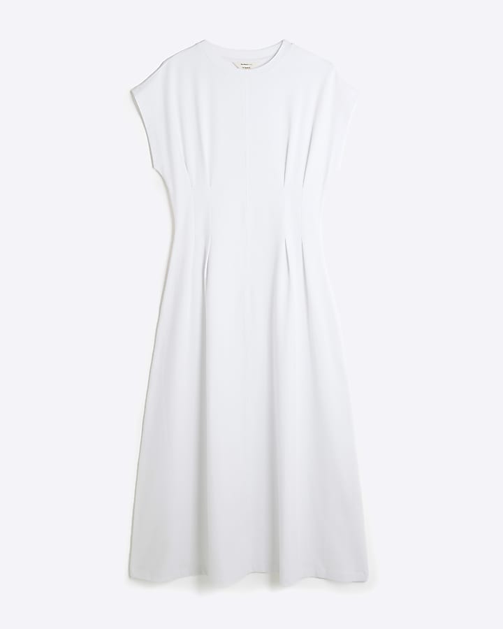 White Grown On Sleeve Seamed Midi Dress