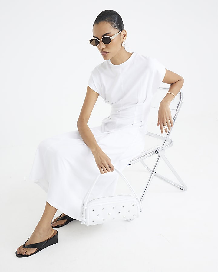 White Grown On Sleeve Seamed Midi Dress