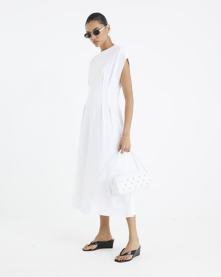 White Grown On Sleeve Seamed Midi Dress