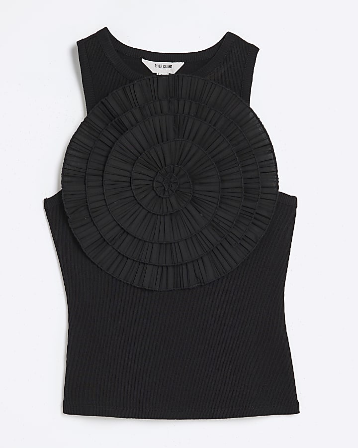Black Sleeveless Ruffle 3D Floral Tank Top