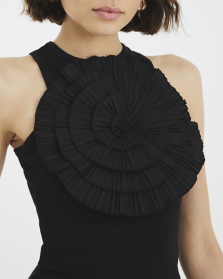 Black Sleeveless Ruffle 3D Floral Tank Top