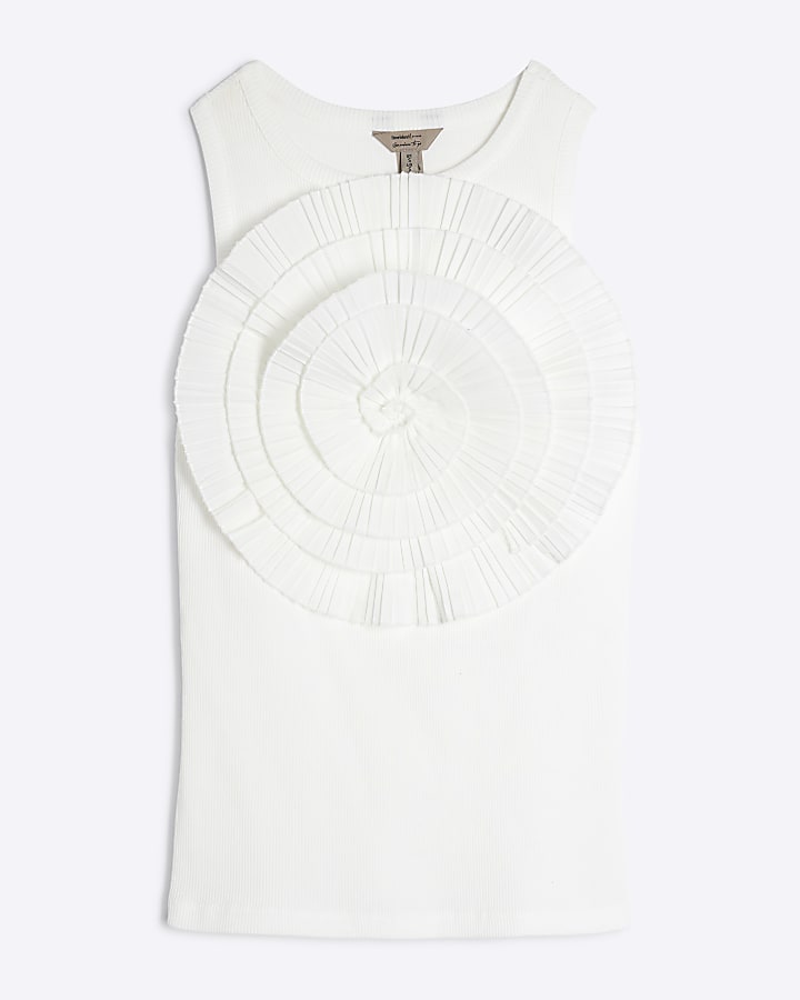 White Sleeveless 3D Floral Ruffle Tank Top