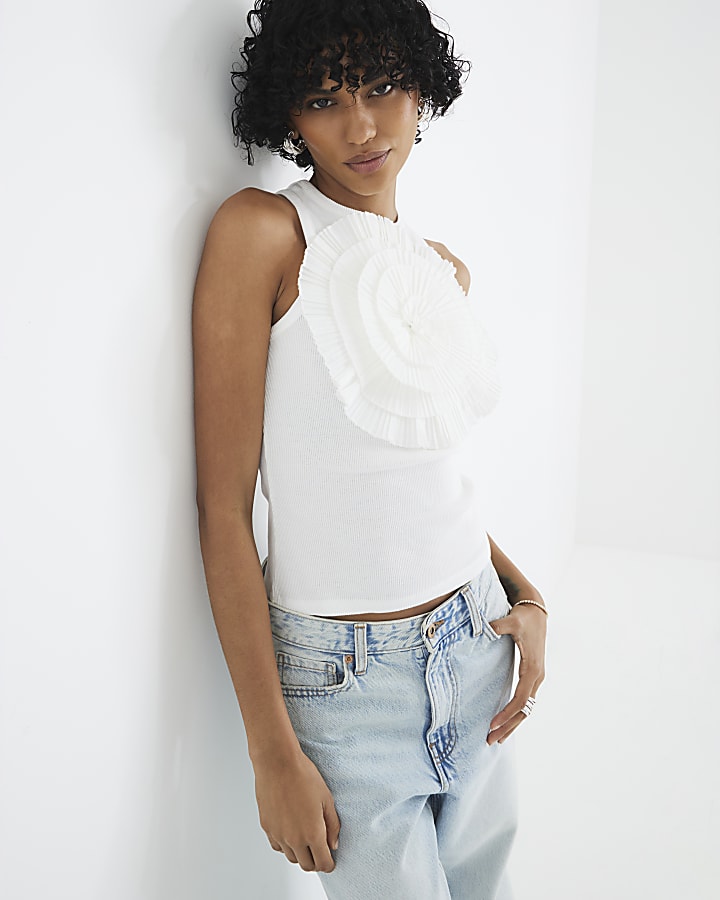 White Sleeveless 3D Floral Ruffle Tank Top