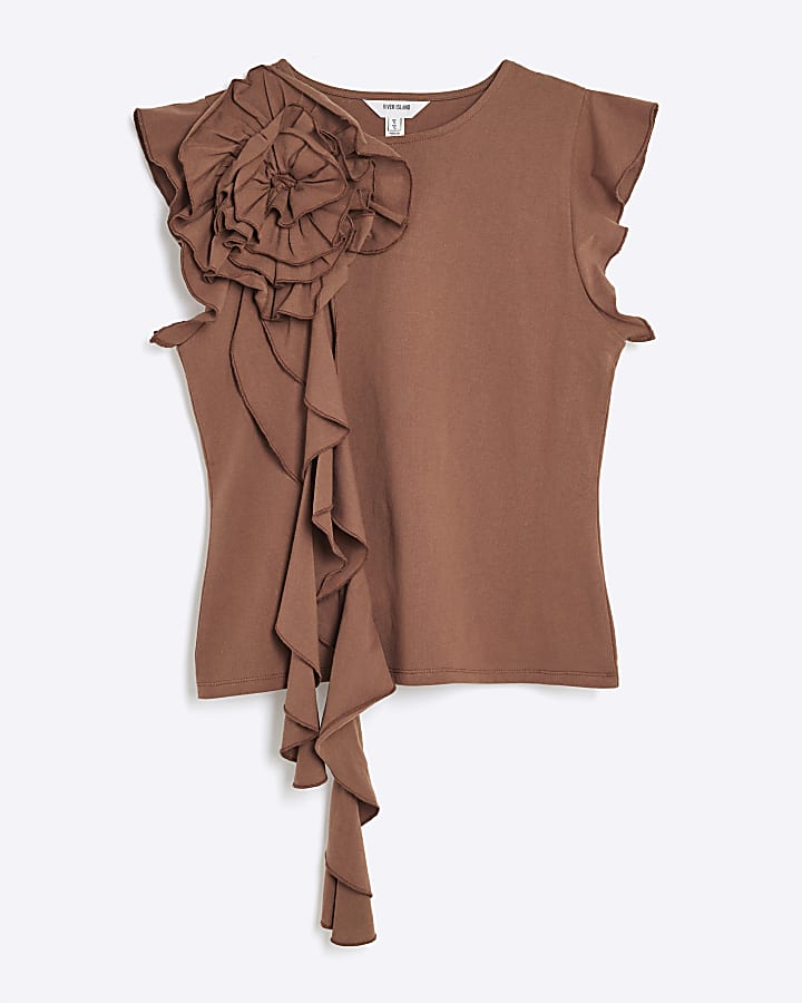 Brown Short Sleeve Floral Ruffle T-shirt