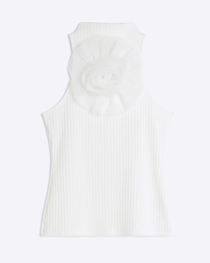 White Organza Flower Ribbed Tank Top