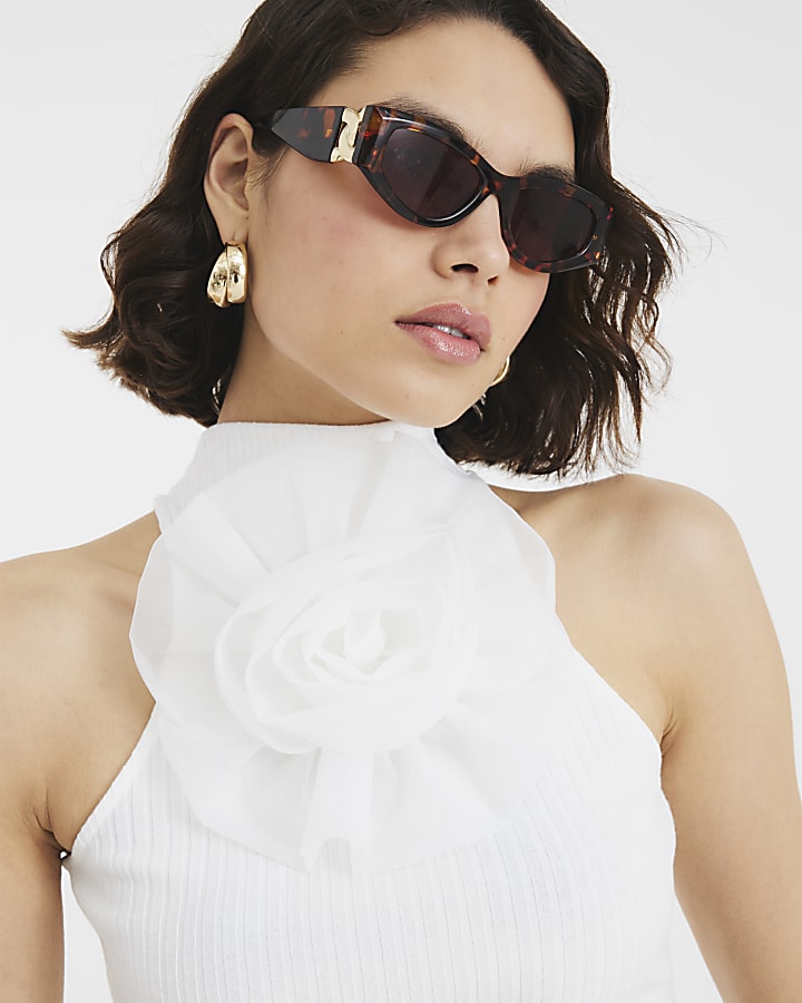 White Organza Flower Ribbed Tank Top