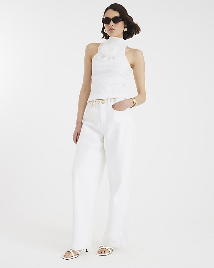 White Organza Flower Ribbed Tank Top