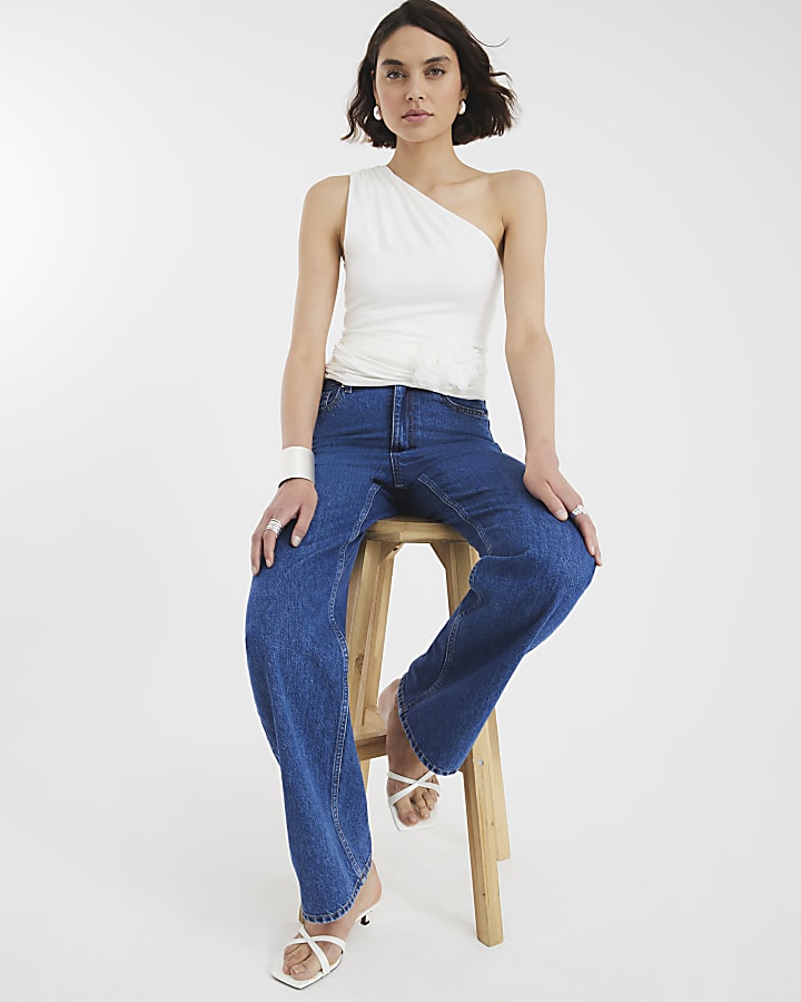 White Sleeveless Corsage Drape Tank Top