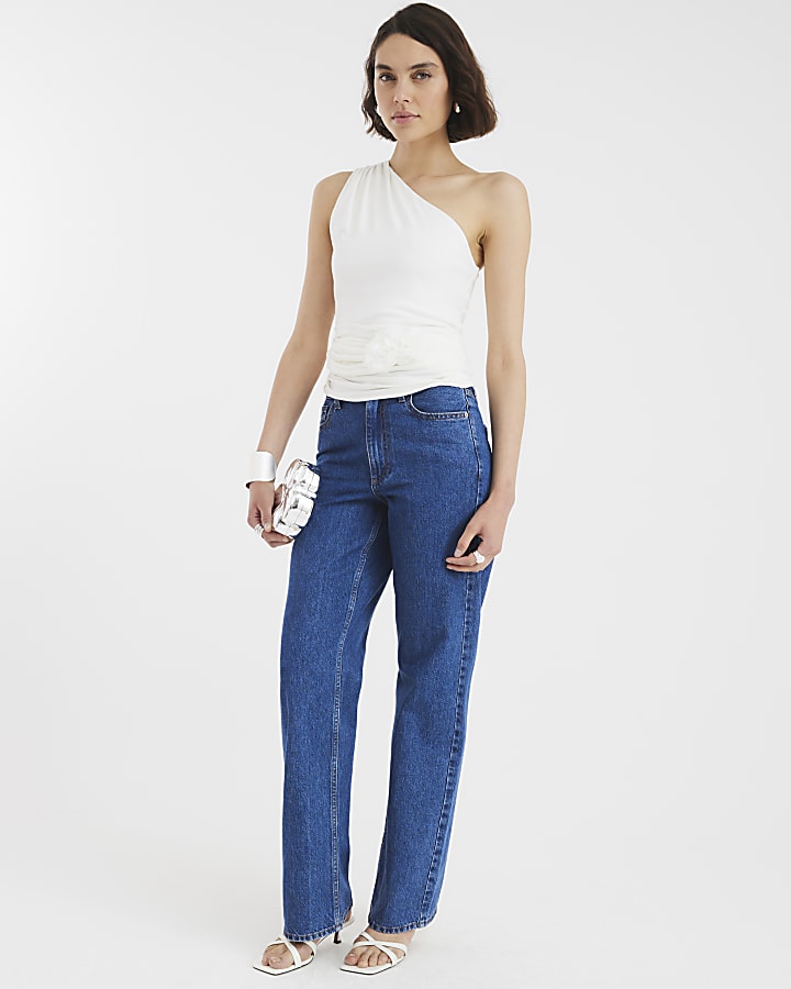 White Sleeveless Corsage Drape Tank Top