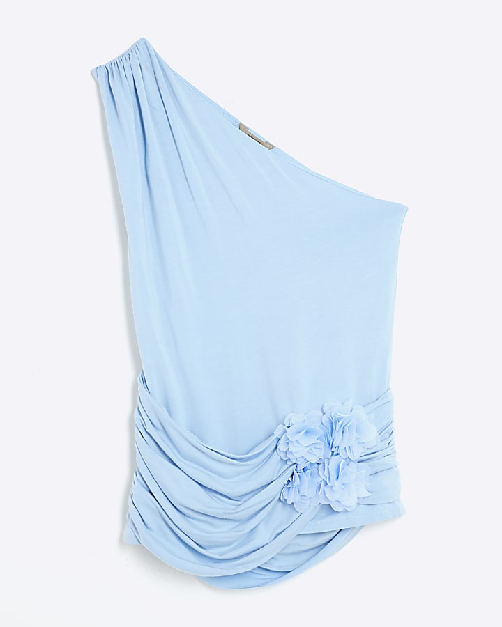 Blue Sleeveless Corsage Drape Tank Top