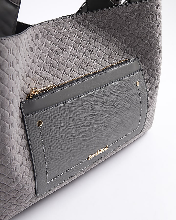 Grey Pocket Front Embossed Shopper Bag