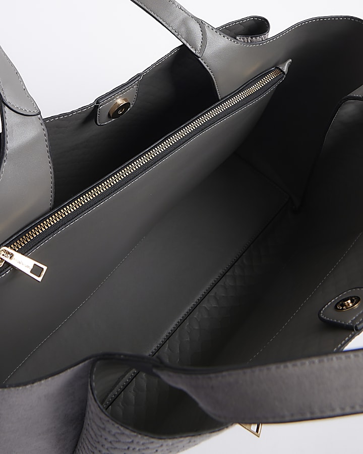 Grey Pocket Front Embossed Shopper Bag