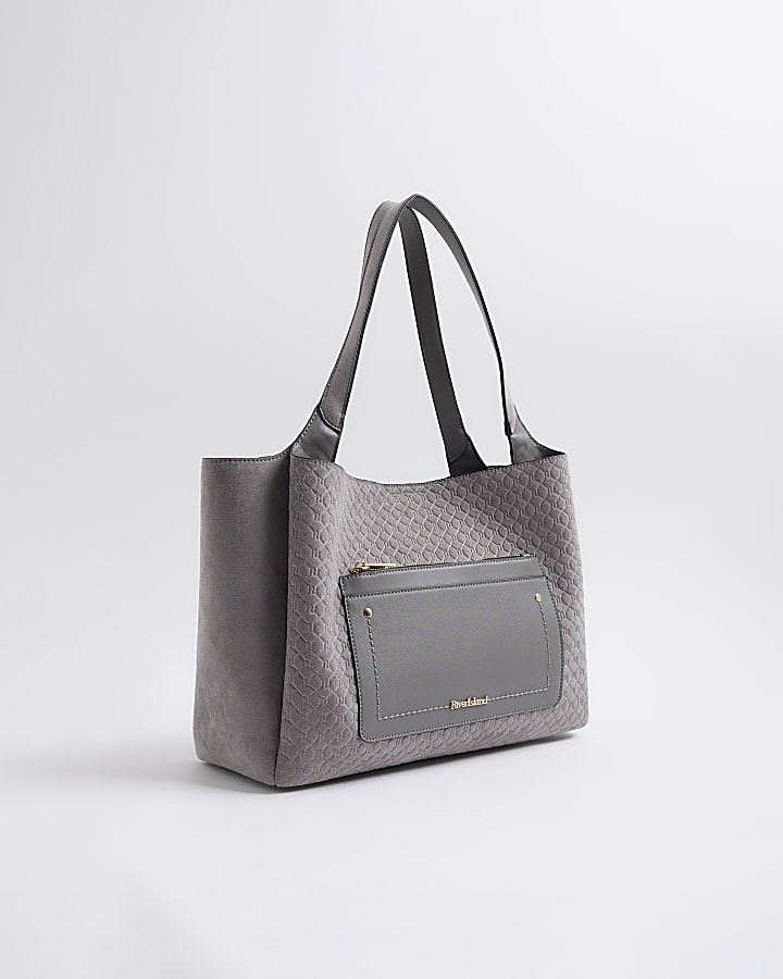 Grey Pocket Front Embossed Shopper Bag