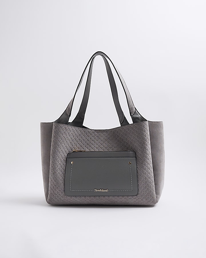 Grey Pocket Front Embossed Shopper Bag